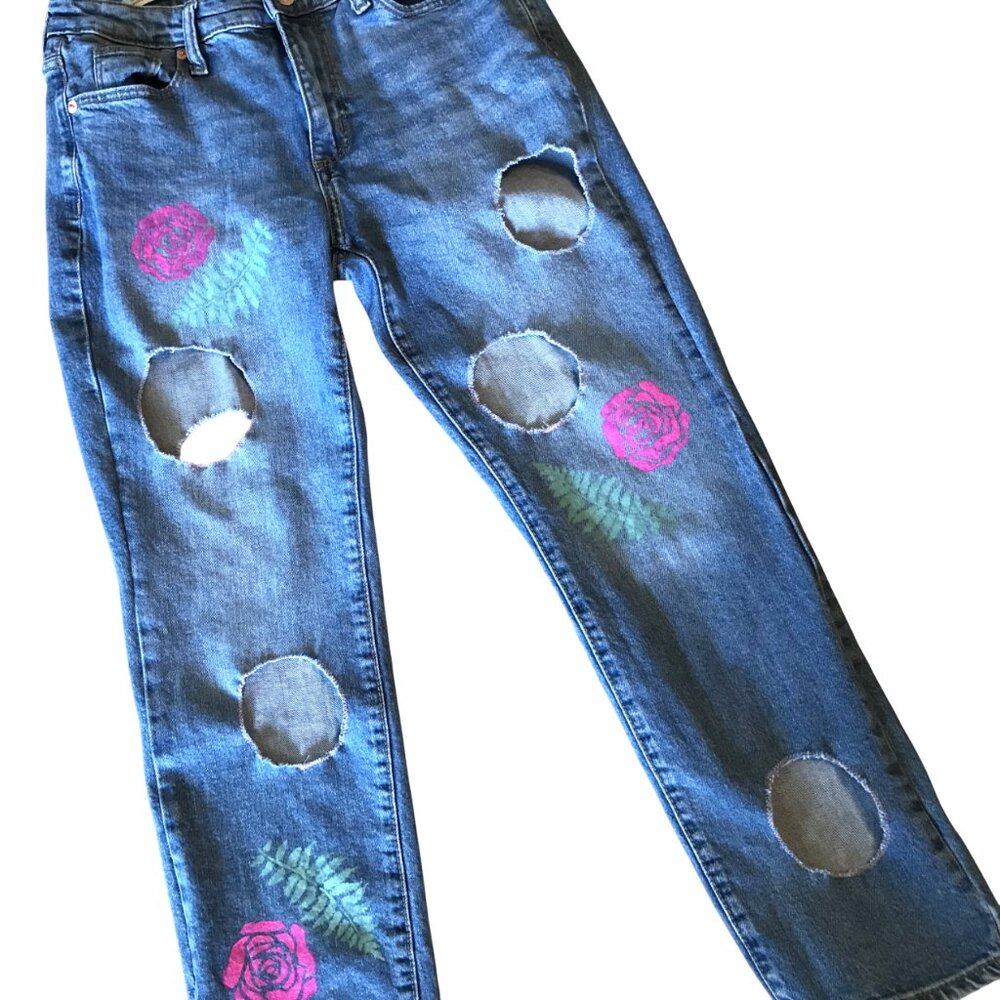 Upcycled Distressed Jeans w/Cutouts, Embellished Pants Size 6 Junior